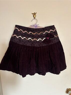 Women's whimsical Dark Plum Corduroy Skirt with lace and sequins size 6-8